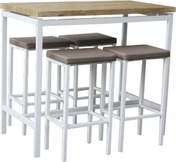 Barový jídelní set LUCERO (1 stůl + 4 židle) - bílá / dub sonoma / hnědá
