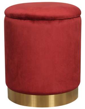 červený taburet se zlatým kovovým podstavcem snadno doplní interier v trendovém stylu. očalouněn příjemnou sametovou látkou. pod sedákem najdete malý úložný prostor