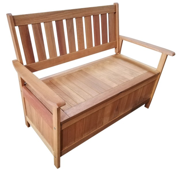 Praktická zahradní lavice s područkami a úložním prostorem pod sedací částí. vyrobena z tvrdých tropických dřev