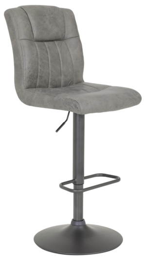 Komfortně tvarovaná barová židle je očalouněna látkou ve stylové vintage optice broušené kůže v barvě šedá. stabilní kovová konstrukce s podnožkou je vybavena výškově nastavitelnou funkcí