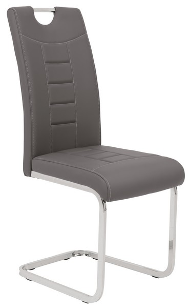 Jídelní židle v oblíbené kombinaci chromového kovu a ekokůže v šedém odstínu je doplněna atraktivním proševem a horním madlem