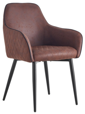 Jídelní pohodlně zaoblená židle na černých kovových nohách je očalouněna hnědou látkou ve vintage optice broušené kůže. doplněna atraktivním proševem na sedáku a vnějších stranách. skvělě tak doplní stylovou jídelnu.  - židle na SEDI.cz
