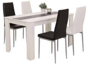 Set stůl a židle jídelní set pro klasicky početnou rodinu obsahuje 5 dílů - obdélný jídelní stůl a čtyři židle. černo-bílé provedení jídelní sestavy je nadčasové a bude se hodit do každé kuchyně