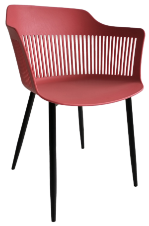 Jídelní židle z kovu a červeného polypropylenu má zajímavý zaoblený design a zároveň je odolná - může tak být umístěna nejen v interieru